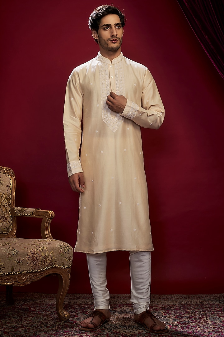 Beige Chanderi Pearl Embroidered Lucknowi Kurta Set by Vanshik