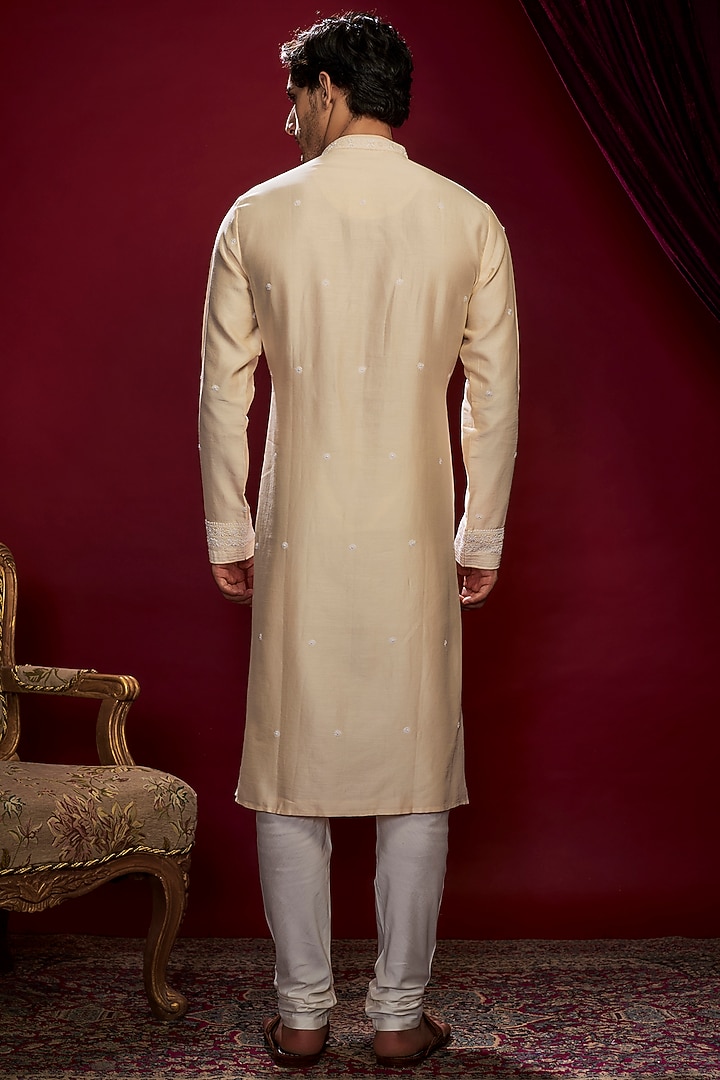 Beige Chanderi Pearl Embroidered Lucknowi Kurta Set by Vanshik at Pernia's Pop Up Shop