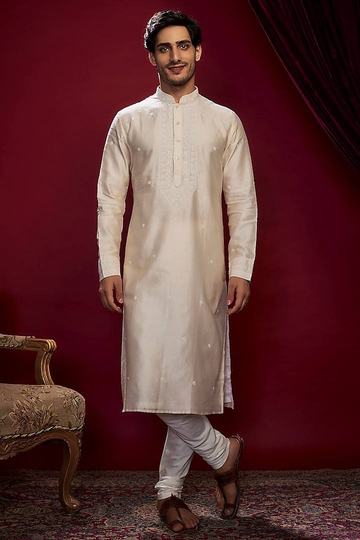 Ivory Chanderi Pearl Embroidered Lucknowi Kurta Set by Vanshik