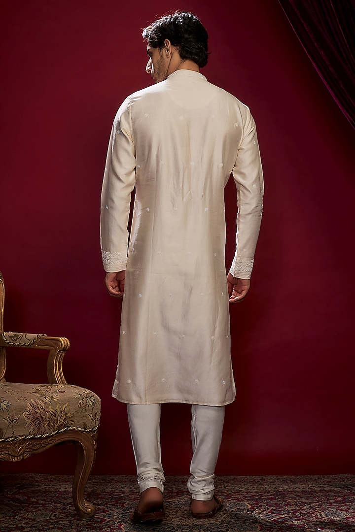 Ivory Chanderi Pearl Embroidered Lucknowi Kurta Set by Vanshik at Pernia's Pop Up Shop