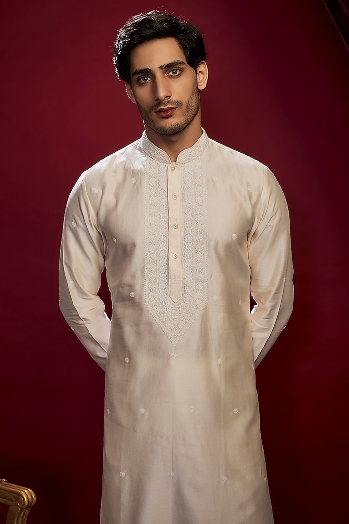 Ivory Chanderi Pearl Embroidered Lucknowi Kurta Set by Vanshik at Pernia's Pop Up Shop