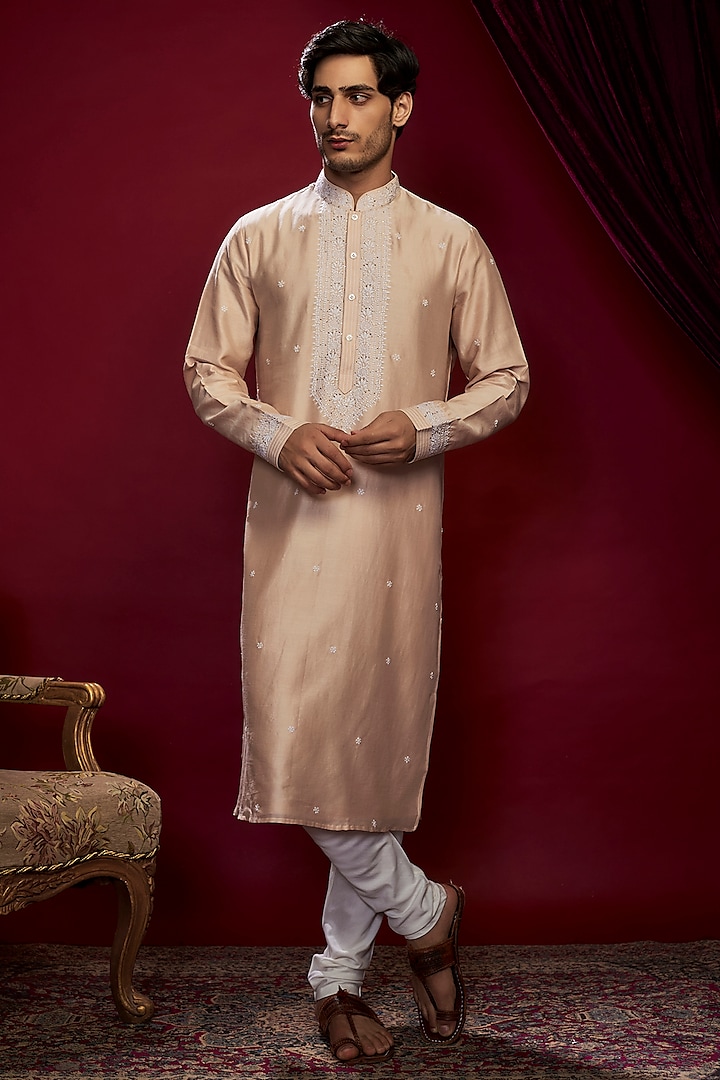 Peach Chanderi Mukaish Work Lucknowi Kurta Set by Vanshik