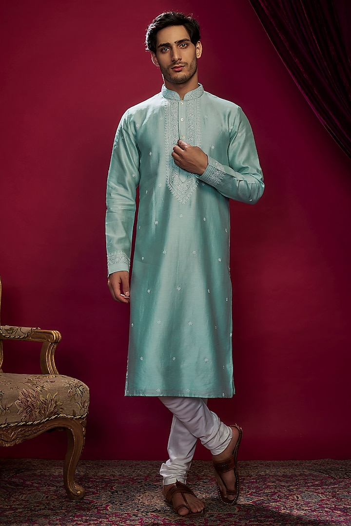 Aqua Silk Embroidered Kurta Set by Vanshik