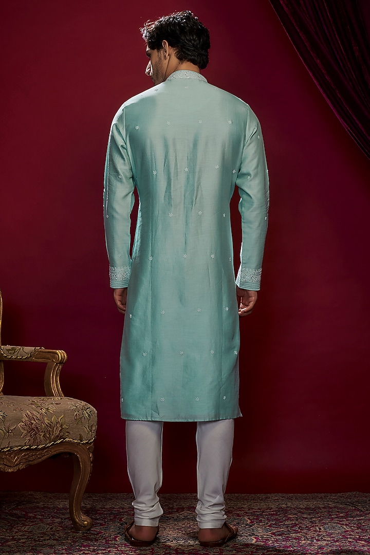 Mint Chanderi Lucknowi Kurta Set by Vanshik at Pernia's Pop Up Shop