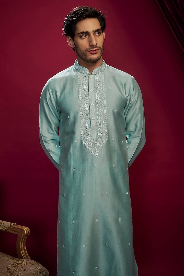 Mint Chanderi Lucknowi Kurta Set by Vanshik at Pernia's Pop Up Shop