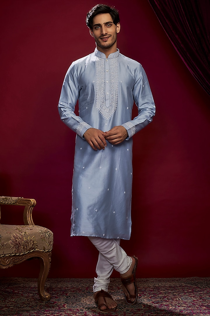 Grey Chanderi Mukaish Work Lucknowi Kurta Set by Vanshik