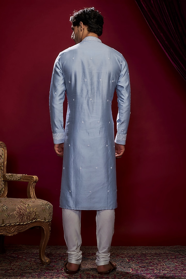 Aqua Chanderi Lucknowi Kurta Set by Vanshik at Pernia's Pop Up Shop
