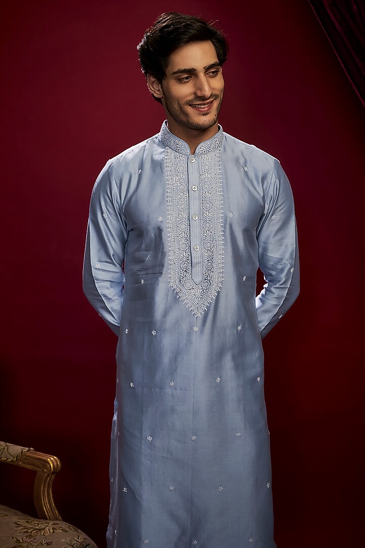 Aqua Chanderi Lucknowi Kurta Set by Vanshik at Pernia's Pop Up Shop