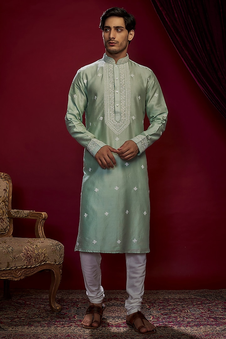 Mint Green Chanderi Pearl Embroidered Lucknowi Kurta Set by Vanshik