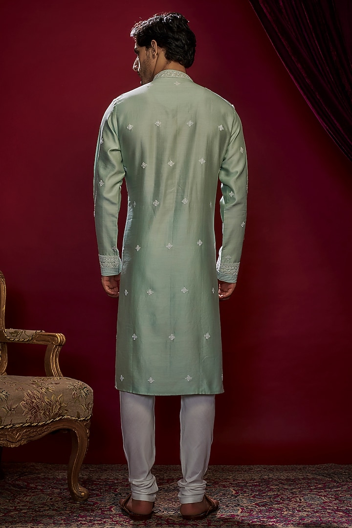 Mint Green Chanderi Pearl Embroidered Lucknowi Kurta Set by Vanshik at Pernia's Pop Up Shop