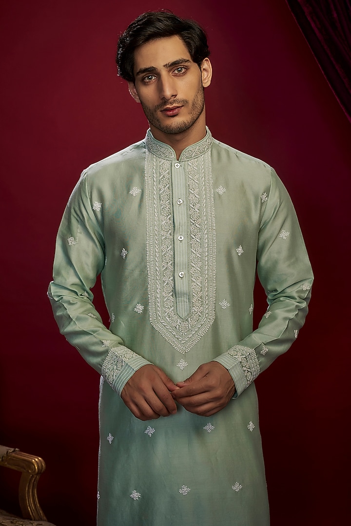 Mint Green Chanderi Pearl Embroidered Lucknowi Kurta Set by Vanshik at Pernia's Pop Up Shop