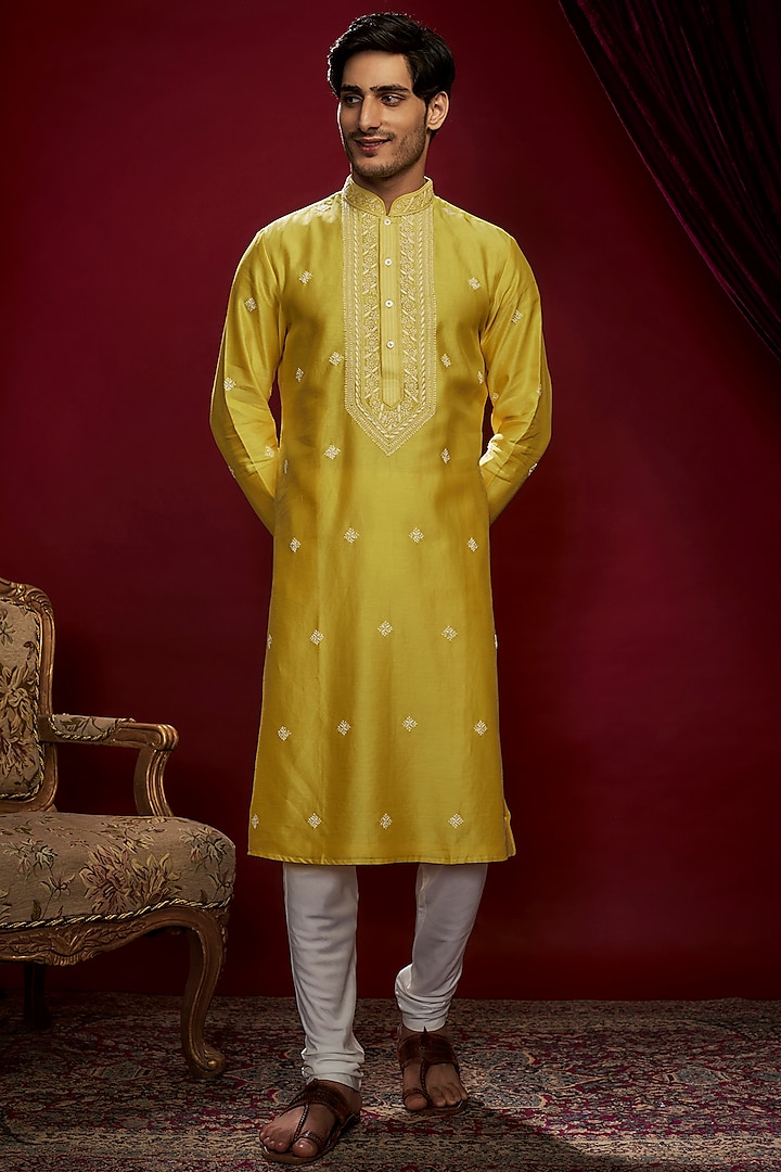 Yellow Chanderi Pearl Embroidered Lucknowi Kurta Set by Vanshik