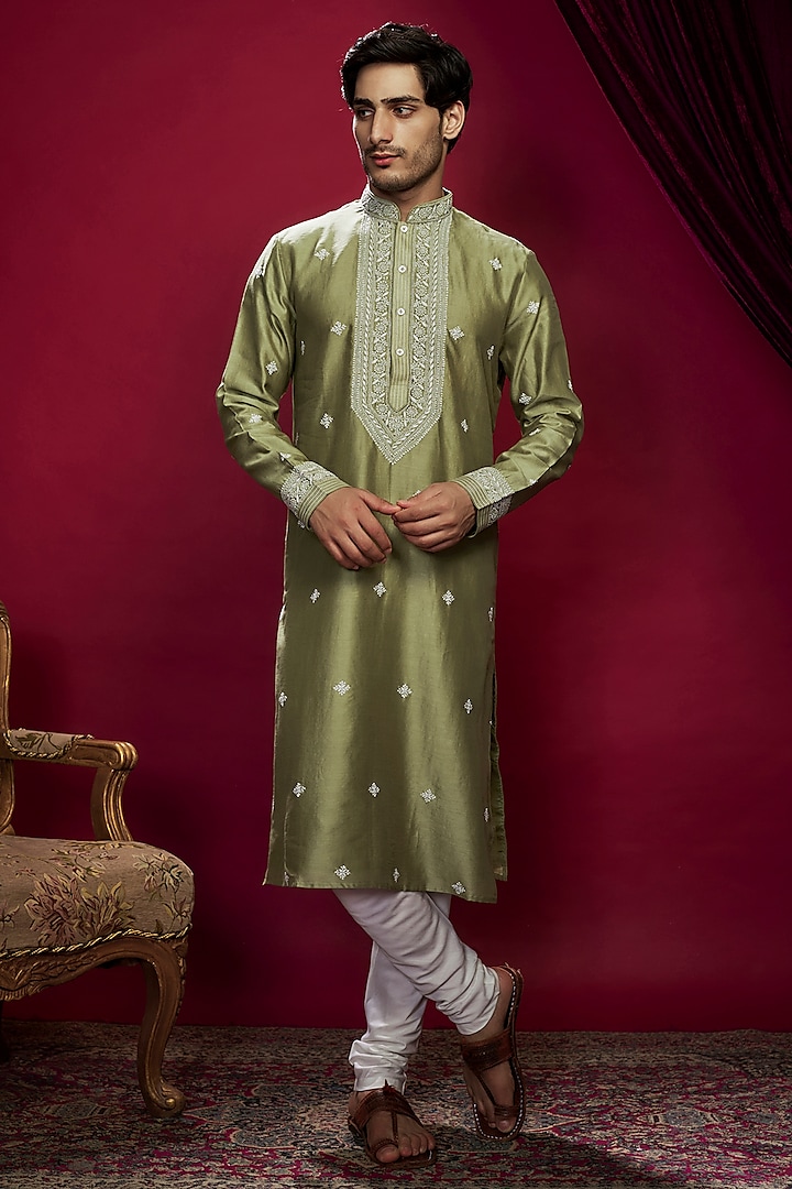 Olive Chanderi Pearl Embroidered Lucknowi Kurta Set by Vanshik