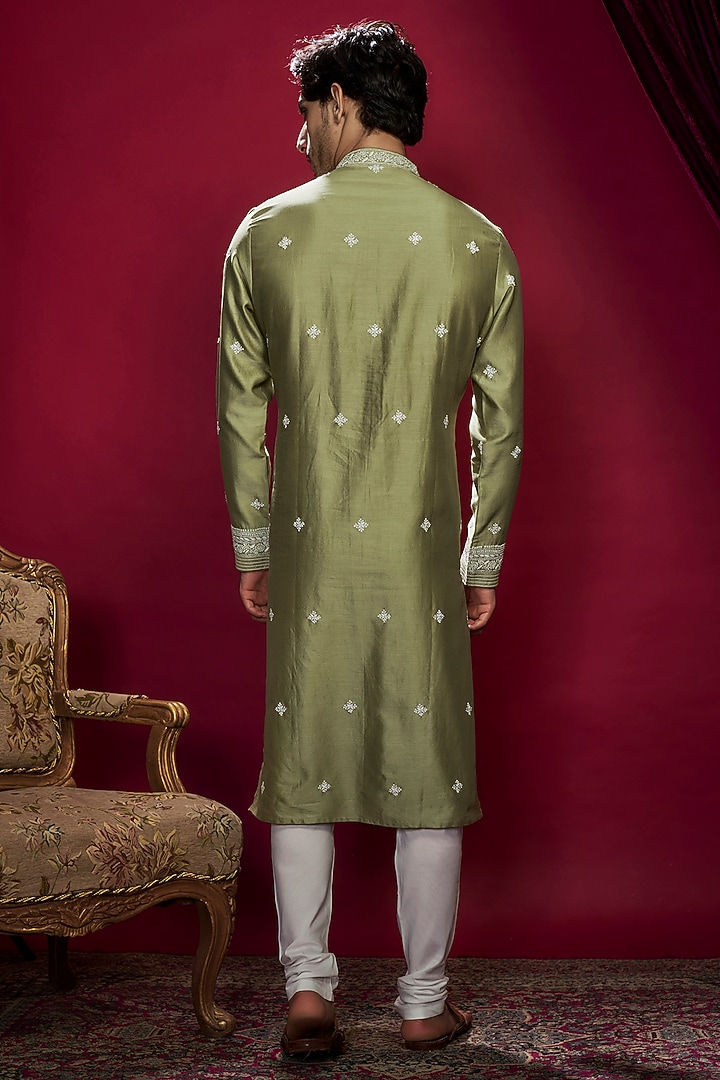 Olive Chanderi Pearl Embroidered Lucknowi Kurta Set by Vanshik at Pernia's Pop Up Shop