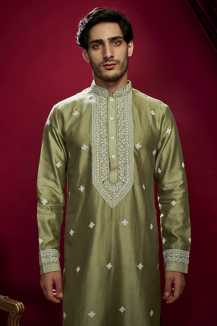 Olive Chanderi Pearl Embroidered Lucknowi Kurta Set by Vanshik at Pernia's Pop Up Shop