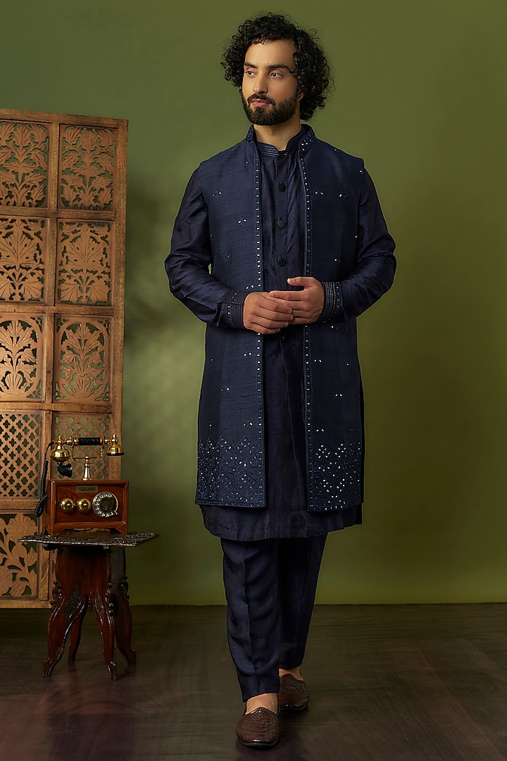 Navy Blue Raw Silk Mirror Work Indo-Western Set by Vanshik