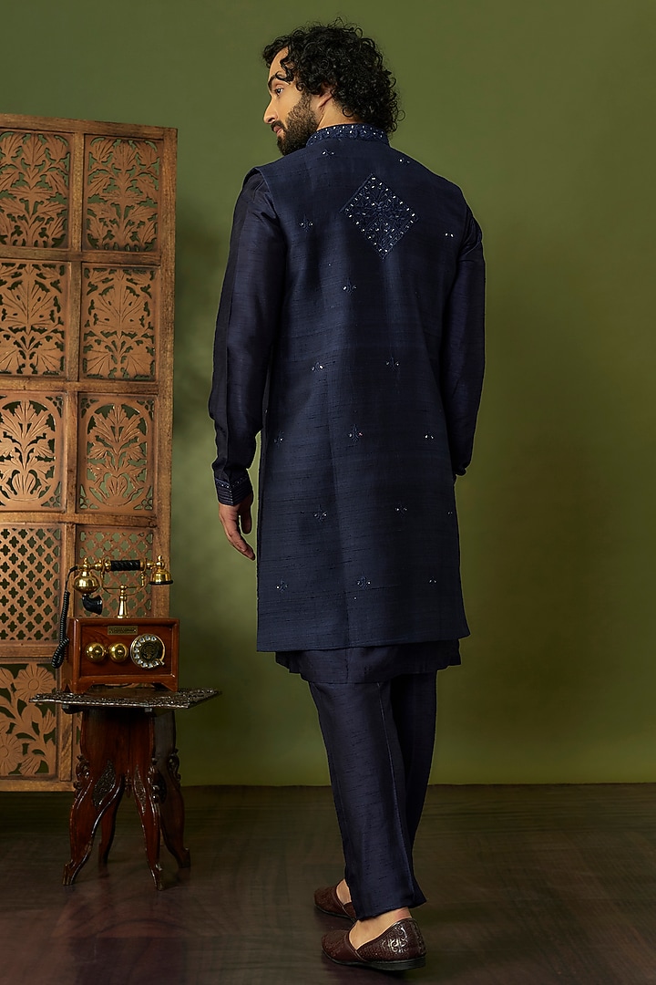 Navy Blue Raw Silk Mirror Work Indo-Western Set by Vanshik at Pernia's Pop Up Shop