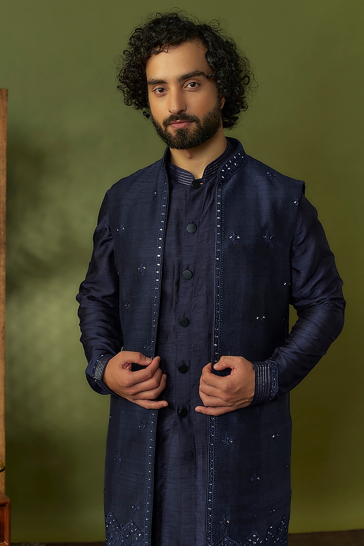 Navy Blue Raw Silk Mirror Work Indo-Western Set by Vanshik at Pernia's Pop Up Shop