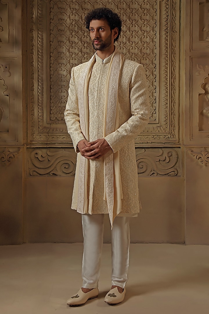 Beige Raw Silk Dori Jaal Work & Pearl Embroidered Sherwani Set by Vanshik