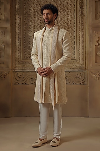 Beige Raw Silk Dori Jaal Work & Pearl Embroidered Sherwani Set by Vanshik