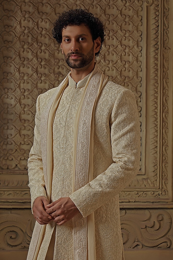 Beige Raw Silk Dori Jaal Work & Pearl Embroidered Groom Sherwani Set by Vanshik at Pernia's Pop Up Shop