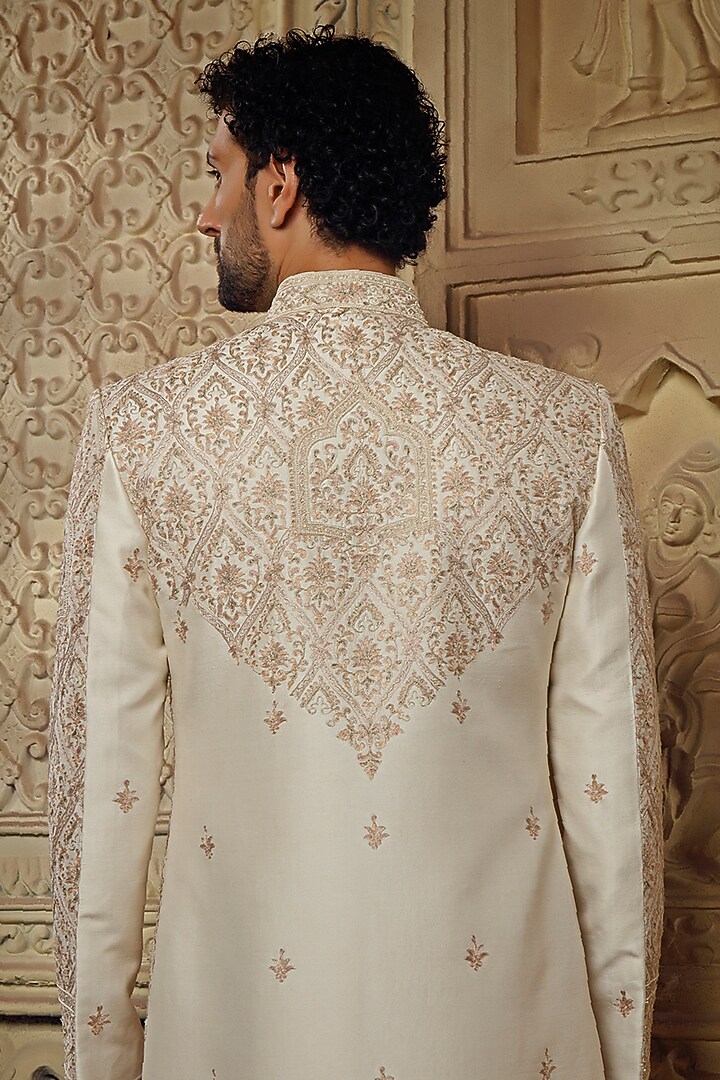 Pearl White Raw Silk Resham Embroidered Groom Sherwani Set by Vanshik at Pernia's Pop Up Shop