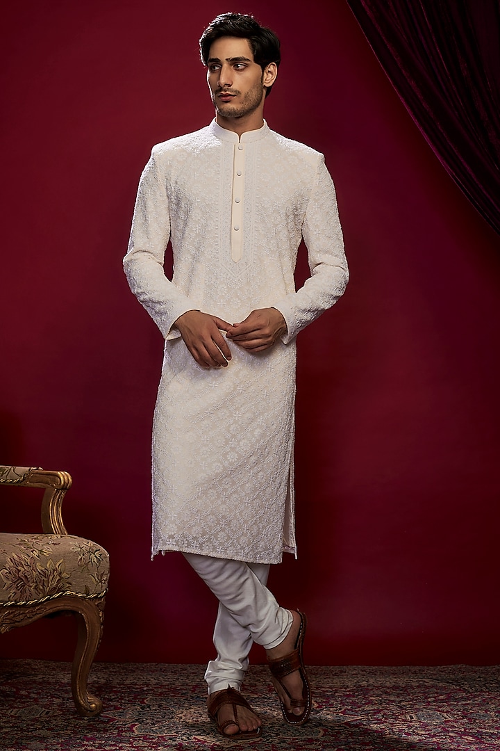 Pearl White Georgette Pearl Embroidered Lucknowi Kurta Set by Vanshik