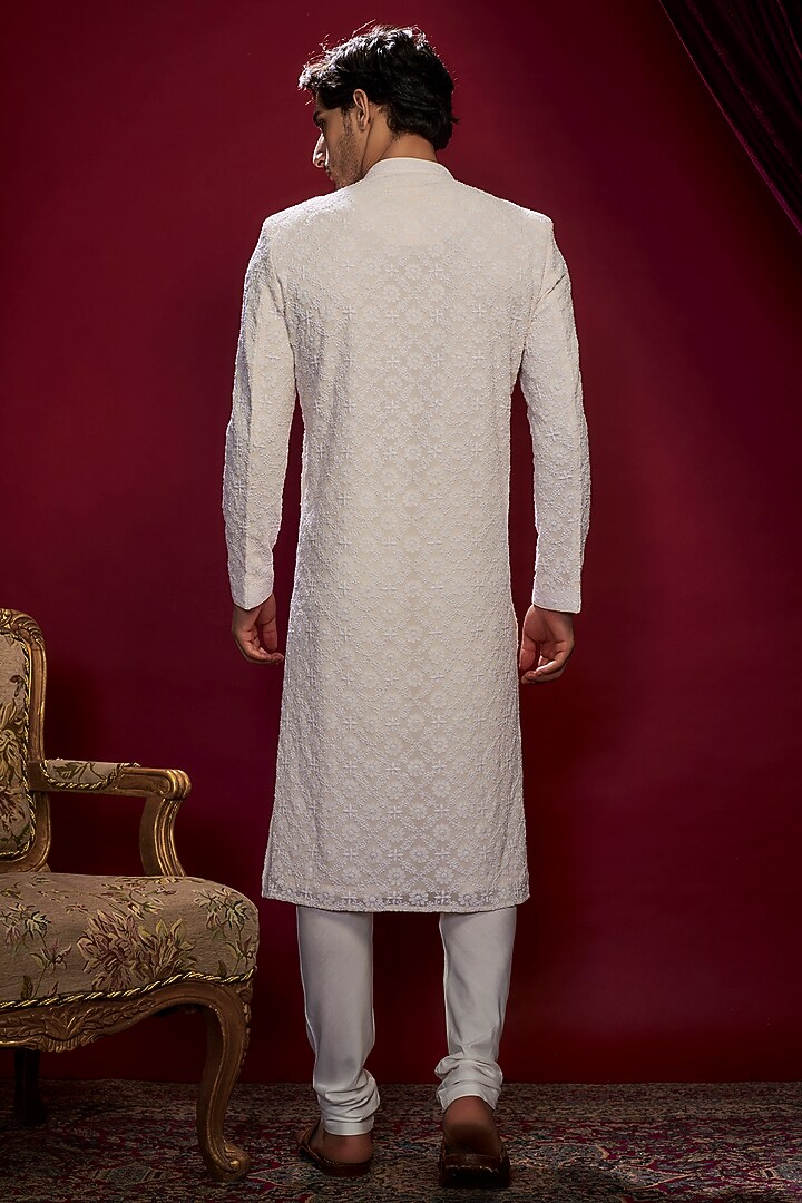 Pearl White Georgette Pearl Embroidered Lucknowi Kurta Set by Vanshik at Pernia's Pop Up Shop
