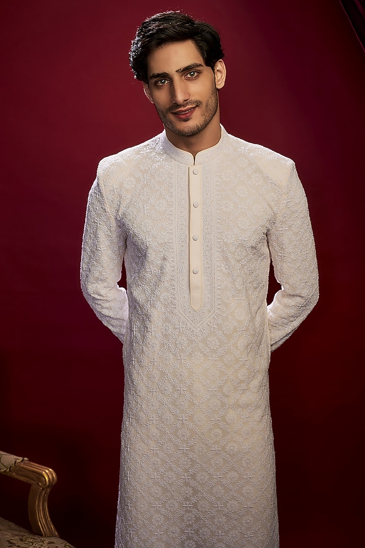 Pearl White Georgette Pearl Embroidered Lucknowi Kurta Set by Vanshik at Pernia's Pop Up Shop