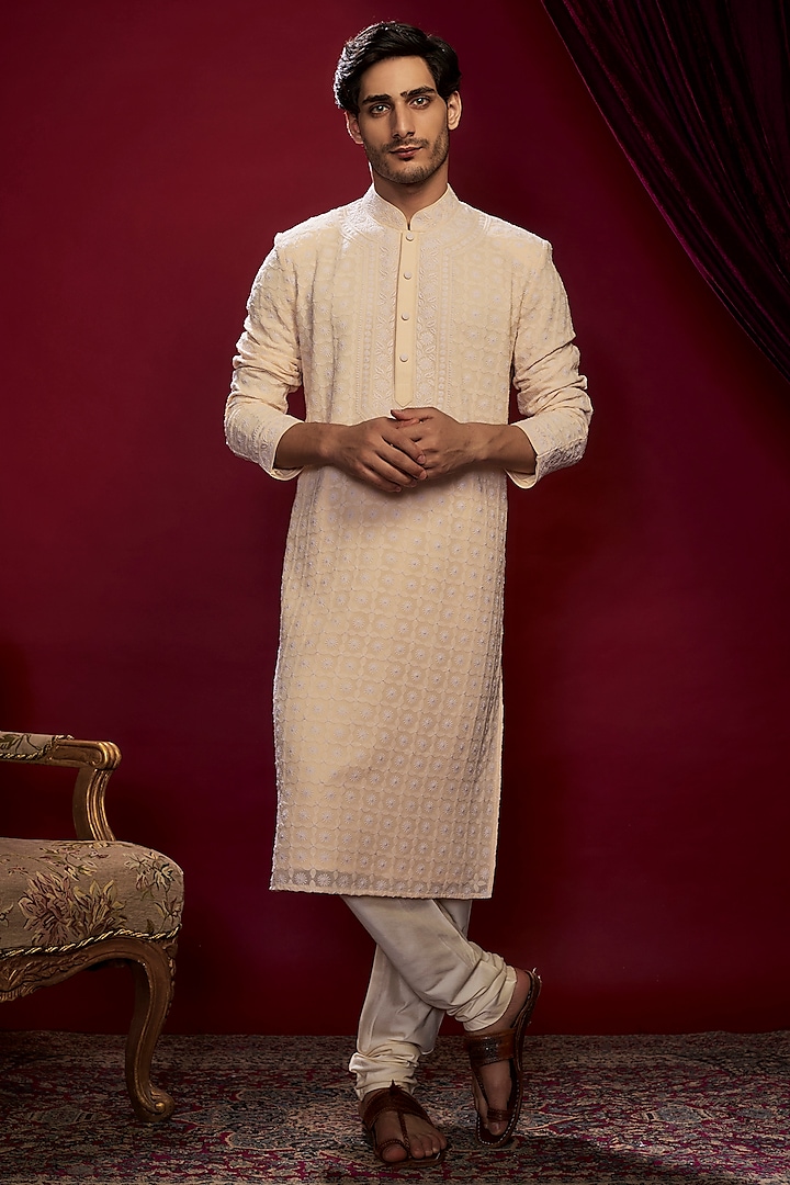 Beige Georgette Pearl Embroidered Lucknowi Kurta Set by Vanshik