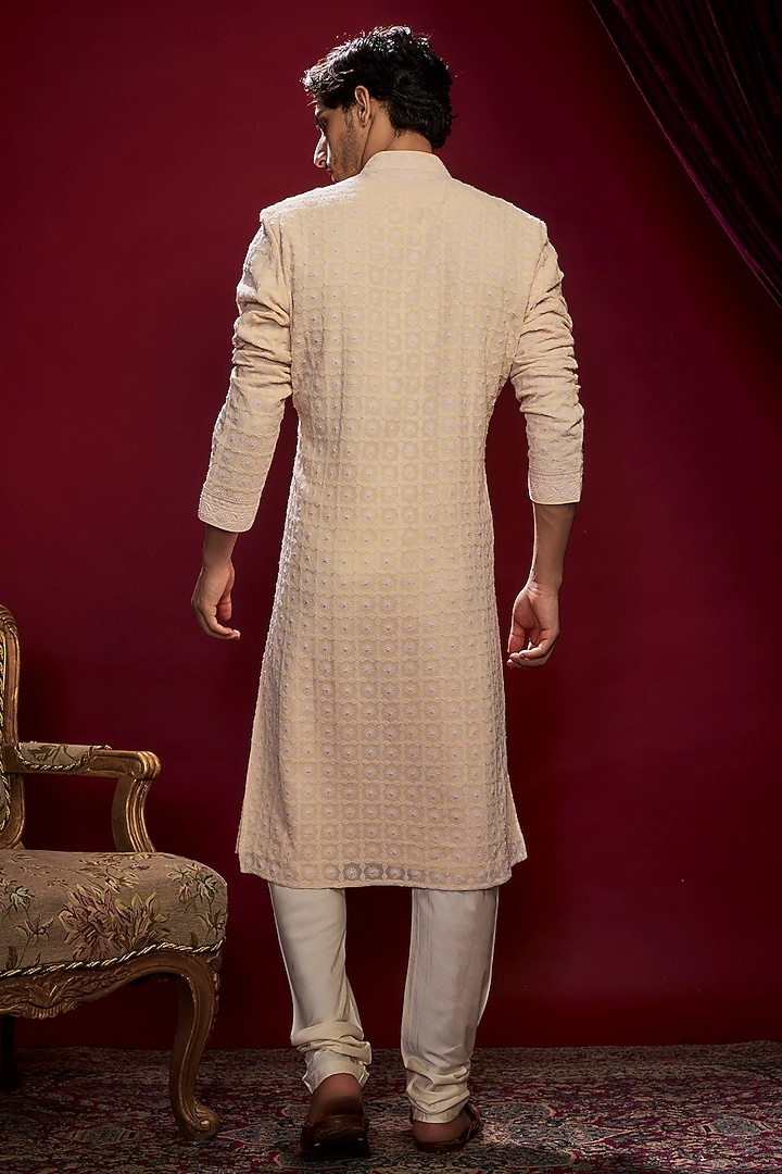Beige Georgette Pearl Embroidered Lucknowi Kurta Set by Vanshik at Pernia's Pop Up Shop