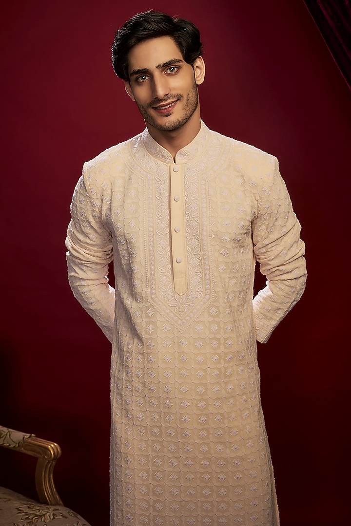 Beige Georgette Pearl Embroidered Lucknowi Kurta Set by Vanshik at Pernia's Pop Up Shop
