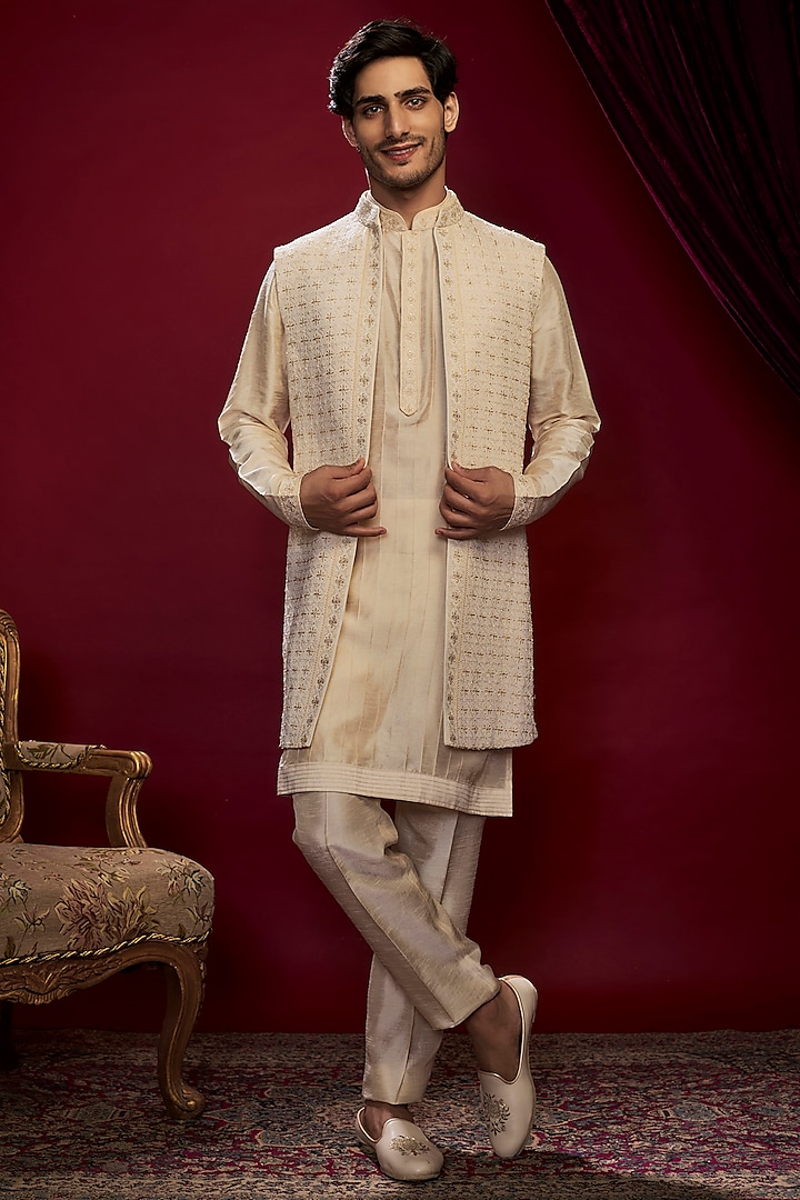 Pearl White Georgette Pearl Embroidered Lucknowi Indowestern Set by Vanshik