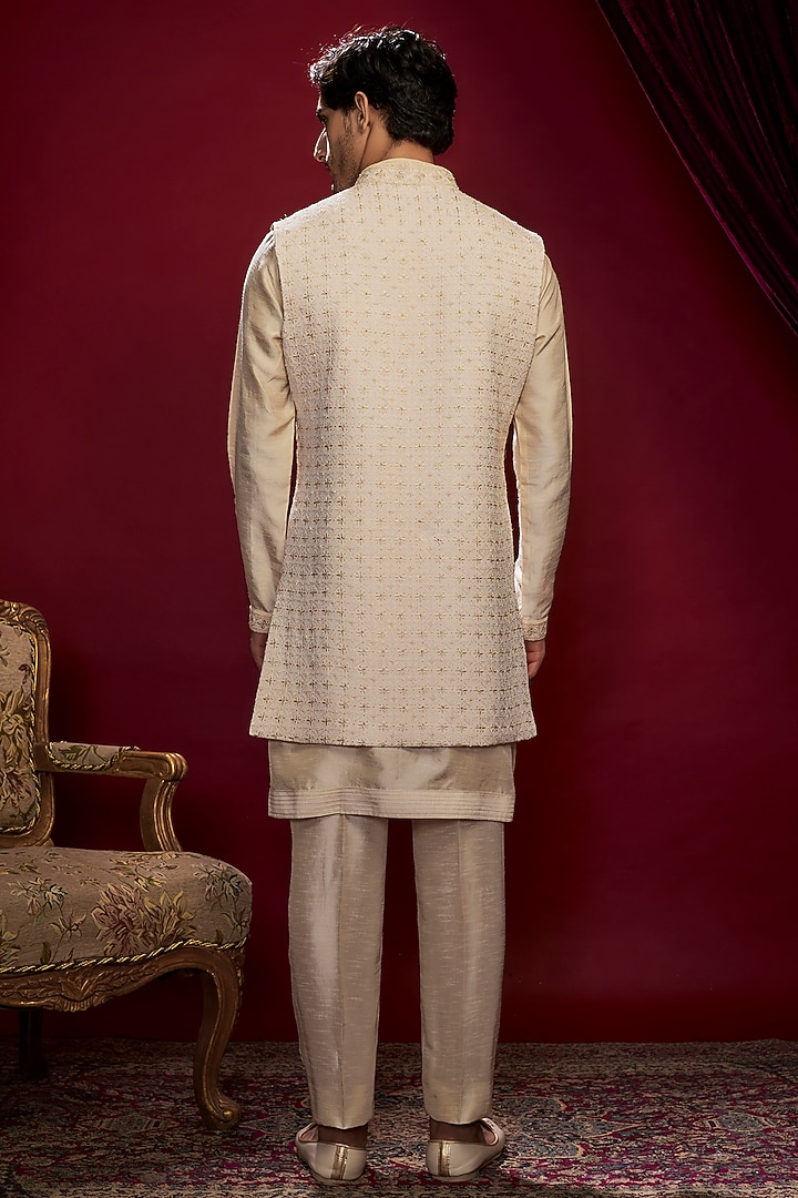 Pearl White Georgette Pearl Embroidered Lucknowi Groom Indowestern Set by Vanshik at Pernia's Pop Up Shop