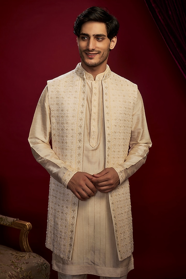 Pearl White Georgette Pearl Embroidered Lucknowi Groom Indowestern Set by Vanshik at Pernia's Pop Up Shop