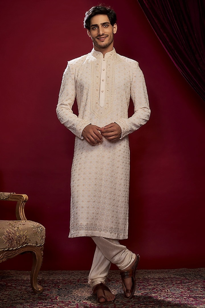 Pearl Beige Georgette Pearl Embroidered Lucknowi Kurta Set by Vanshik