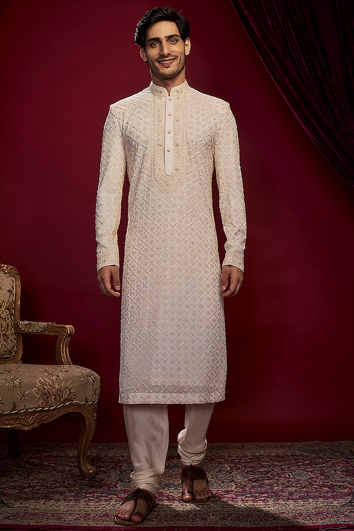 Pearl Beige Georgette Pearl Embroidered Lucknowi Kurta Set by Vanshik