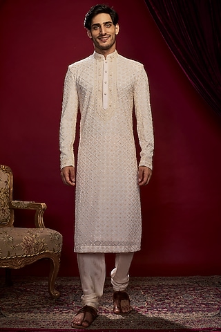 Pearl Beige Georgette Pearl Embroidered Lucknowi Kurta Set by Vanshik