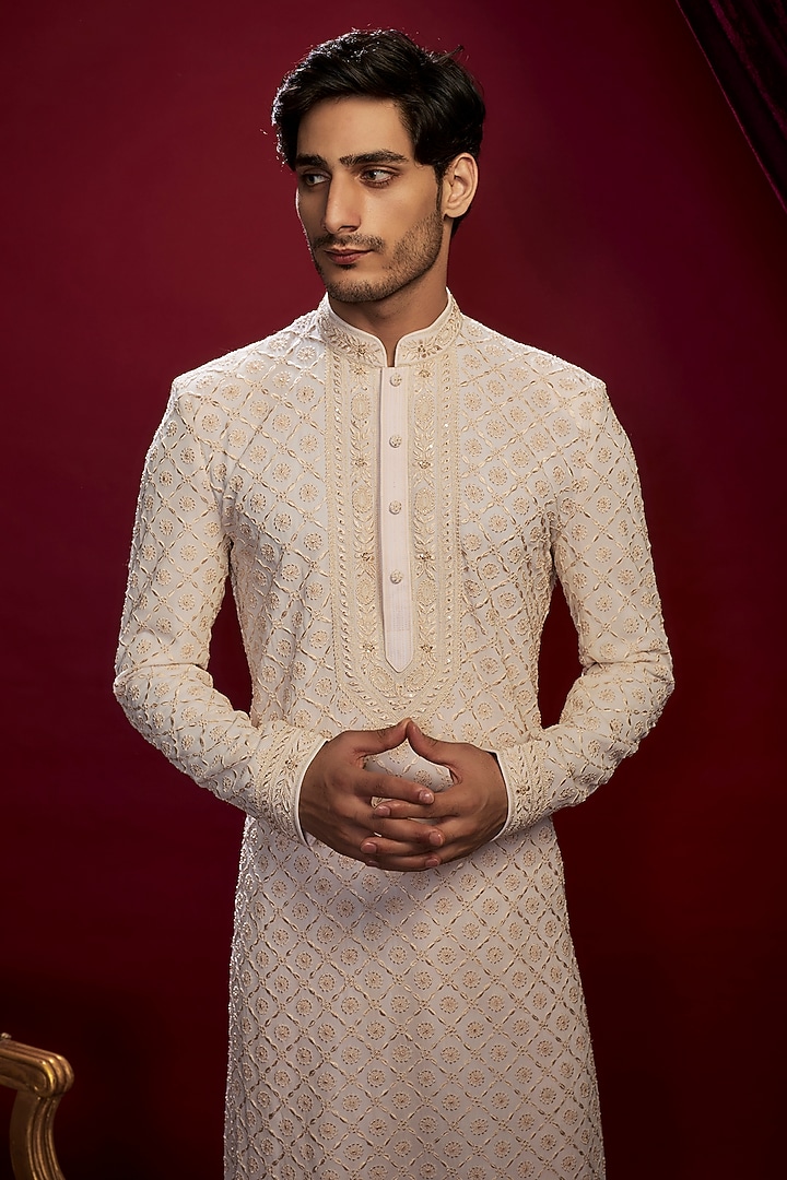 Pearl Beige Georgette Pearl Embroidered Lucknowi Kurta Set by Vanshik at Pernia's Pop Up Shop