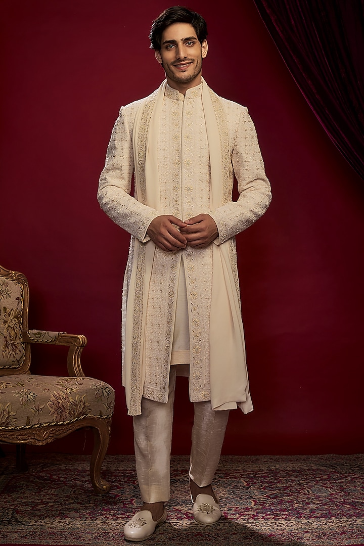 Pearl Beige Georgette Pearl Hand Embroidered Lucknowi Sherwani Set by Vanshik