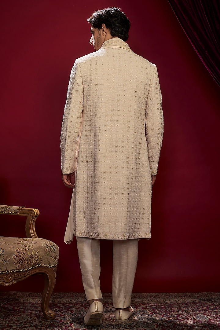 Pearl Beige Georgette Pearl Hand Embroidered Lucknowi Groom Sherwani Set by Vanshik at Pernia's Pop Up Shop
