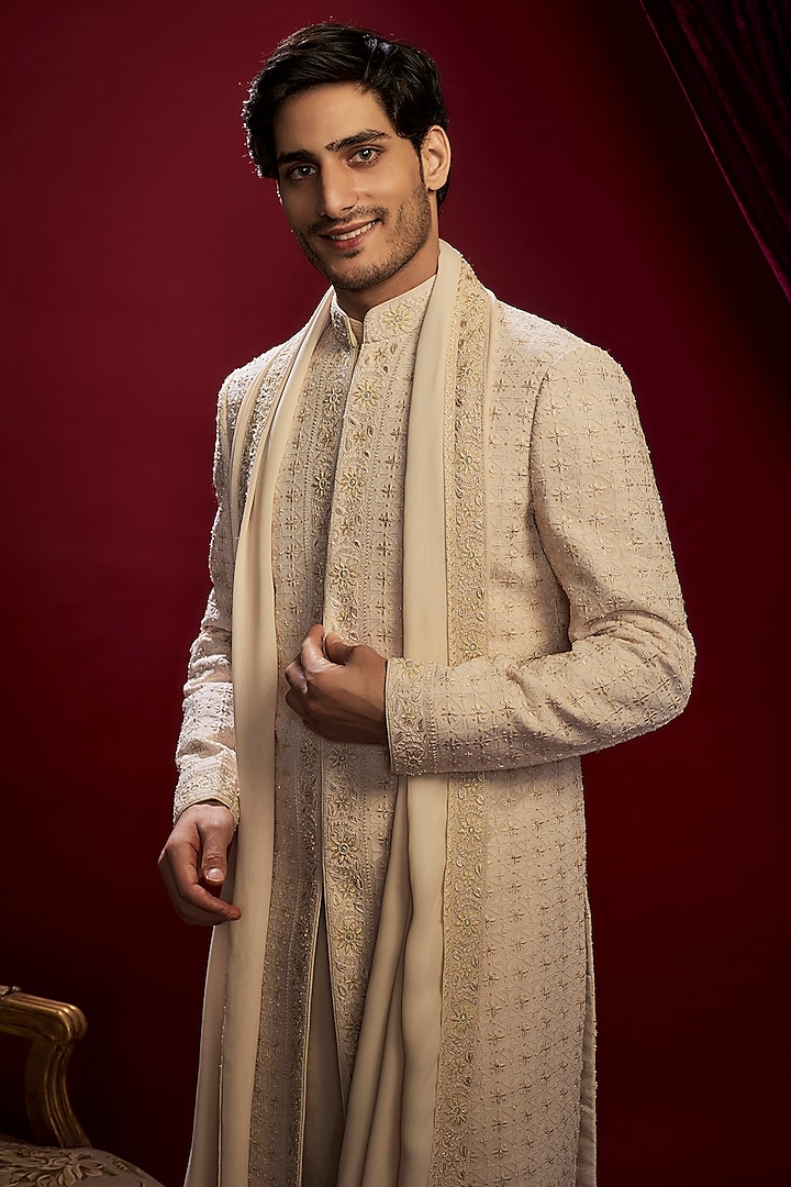 Pearl Beige Georgette Pearl Hand Embroidered Lucknowi Groom Sherwani Set by Vanshik at Pernia's Pop Up Shop