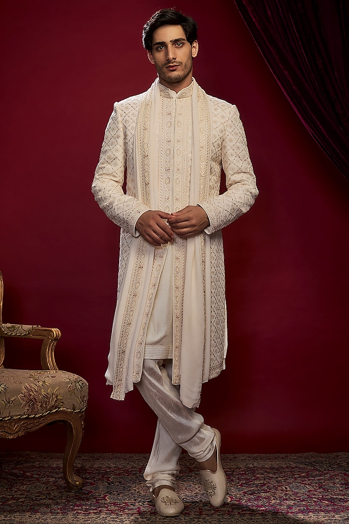 Pearl Beige Georgette Pearl Hand Embroidered Lucknowi Sherwani Set by Vanshik