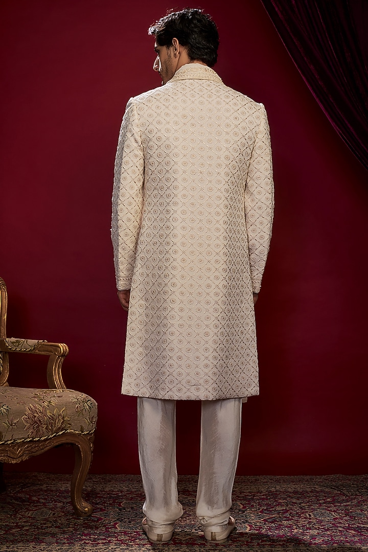Pearl Beige Georgette Pearl Hand Embroidered Lucknowi Groom Sherwani Set by Vanshik at Pernia's Pop Up Shop
