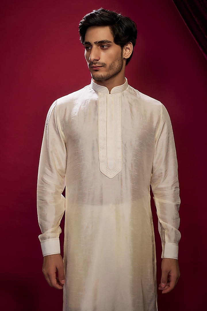 Pearl Beige Georgette Pearl Hand Embroidered Lucknowi Groom Sherwani Set by Vanshik at Pernia's Pop Up Shop
