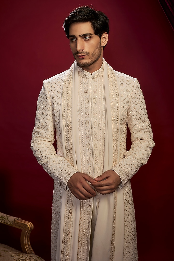 Pearl Beige Georgette Pearl Hand Embroidered Lucknowi Groom Sherwani Set by Vanshik at Pernia's Pop Up Shop