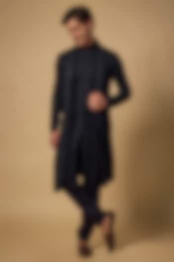 Midnight Blue Silk Embroidered Wedding Sherwani Set by Vanshik at Pernia's Pop Up Shop