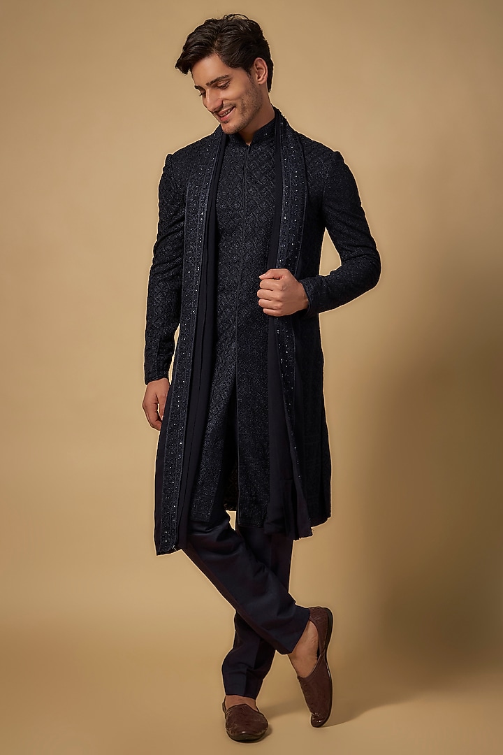 Midnight Blue Silk Embroidered Wedding Sherwani Set by Vanshik at Pernia's Pop Up Shop