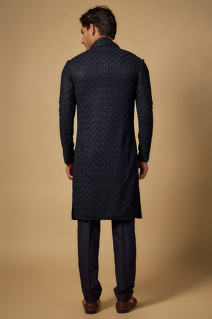 Midnight Blue Silk Embroidered Wedding Sherwani Set by Vanshik at Pernia's Pop Up Shop