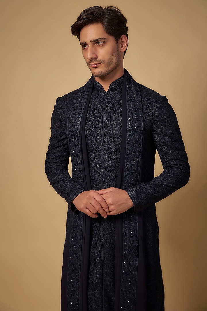 Midnight Blue Silk Embroidered Wedding Sherwani Set by Vanshik at Pernia's Pop Up Shop